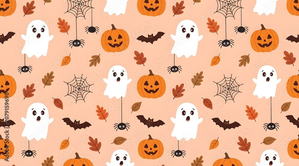 Fototapeta premium Seamless pattern with cute ghosts, jackolantern pumpkins, spiders, spider webs, bats and autumn leaves on a light orange background