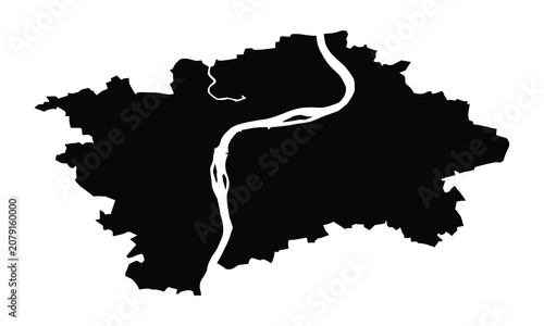 Tableau sur toile Prague map, Czech Republic, black silhouette, city boundary, Vltava river, vector illustration, isolated white background, geographic outline, graphic design element