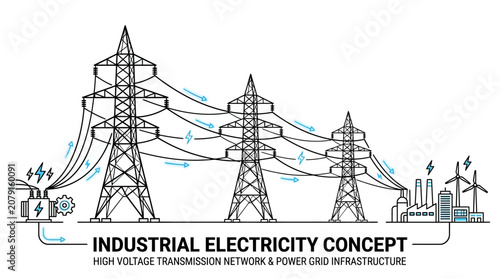 Industrial Electricity Transmission Network and Power Grid Infrastructure Diagram on Isolated White Background