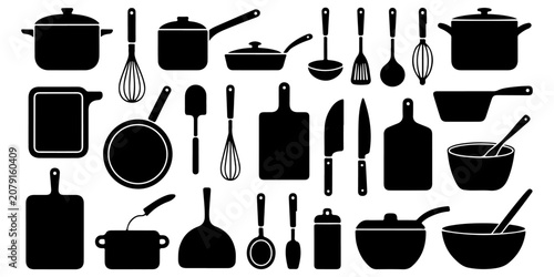 Konstfotografi Cooking utensils and cookware silhouette icon pack featuring pots pans knives bo