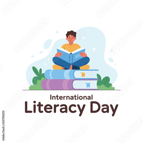 International Literacy Day concept illustration with a person sitting on stacked books reading