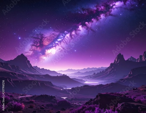 A breathtaking alien landscape bathed in the ethereal glow of a vibrant purple nebula and a starry night sky.