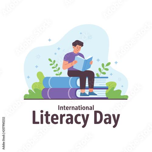International Literacy Day illustration with a person reading a book while sitting on a pile of books