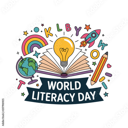 World Literacy Day concept illustration with open book, lightbulb, globe, pencil and rocket