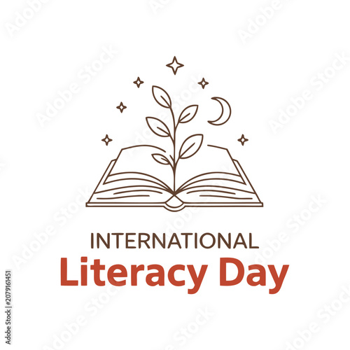 Open book with a plant growing out of it, symbol of education and International Literacy Day