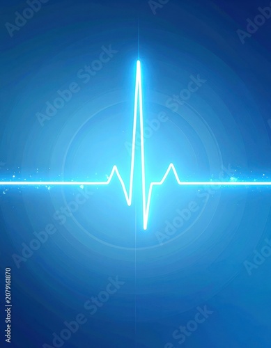 A glowing neon electrocardiogram line against a deep blue, circular gradient background with subtle speckles.