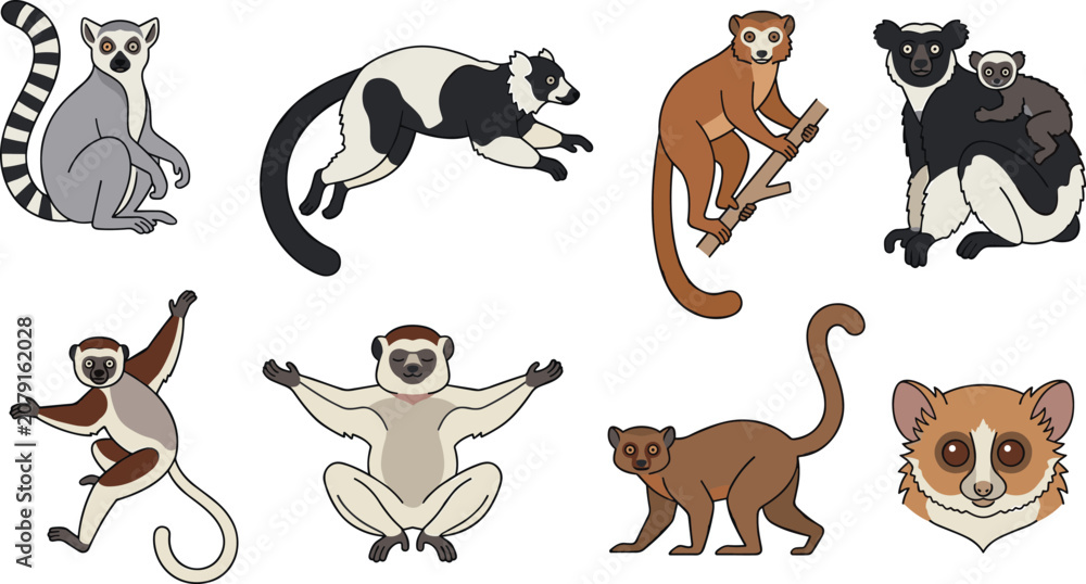 Fototapeta premium Lemur Cartoon Vector Set with Sitting, Jumping, Climbing, and Walking Poses for Wildlife, Nature, and Animal Themed Designs