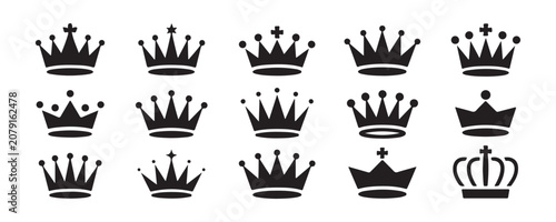 Fotografi Set of fifteen flat crown icons for royal insignia logo design elements on transparent background