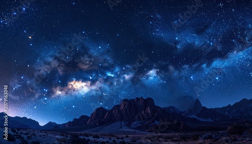 A breathtaking panoramic view of the Milky Way galaxy stretching across a clear night sky above a rugged mountain range and desert landscape.
