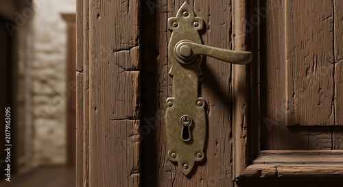 Antique Brass Door Handle Mounted on Weathered Wooden Door in Rustic Interior