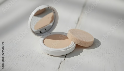 Open compact powder case with mirror on white surface