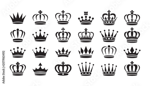 Fotografie Set of crown icons, black silhouettes of royal crowns isolated on checkered background