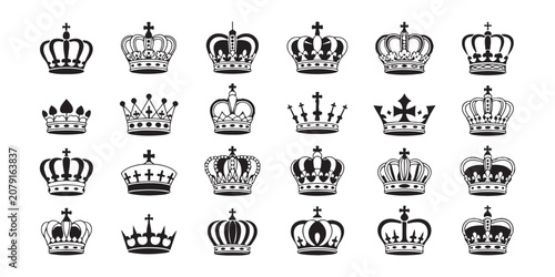 Fotografie Set of crown icons, black silhouettes of royal crowns isolated on transparent background