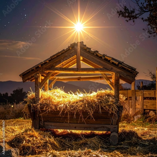 A rustic wooden manger filled with golden straw is illuminated by a brilliant star in the night sky, symbolizing the Nativity.
