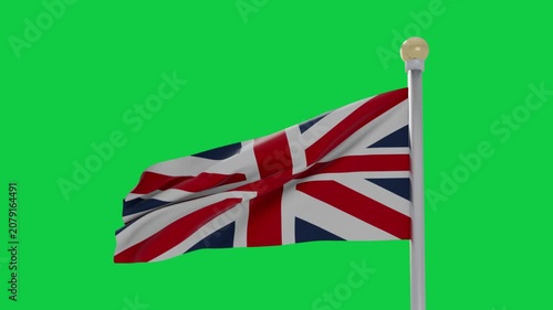 UK flag billowing on pole, gusts causing ripples, folds showing motion on transparent background