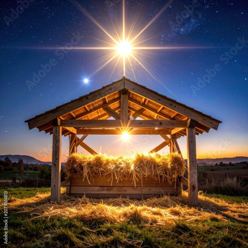 The Star of Bethlehem shines brightly over a humble stable filled with hay, illuminating the serene night sky and the surrounding landscape.