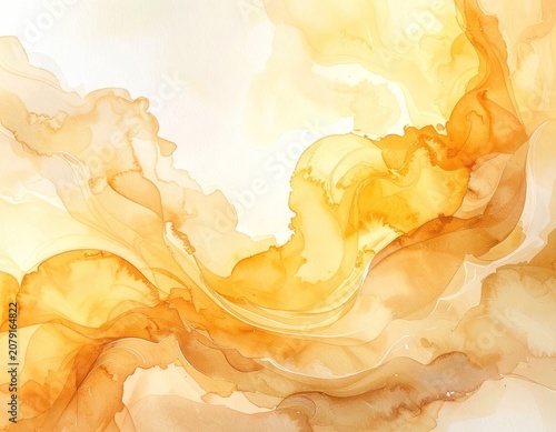 An abstract artwork features fluid, organic shapes in warm tones of yellow, orange, and brown, reminiscent of ink in water or swirling smoke.