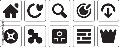 Essential user interface icon set with home, refresh, search, download, settings, network, profile, menu and basket symbols