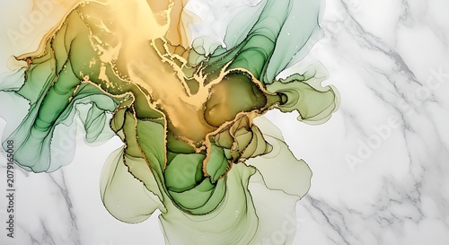 Elegant Green and Gold Alcohol Ink Swirls on White Marble Background