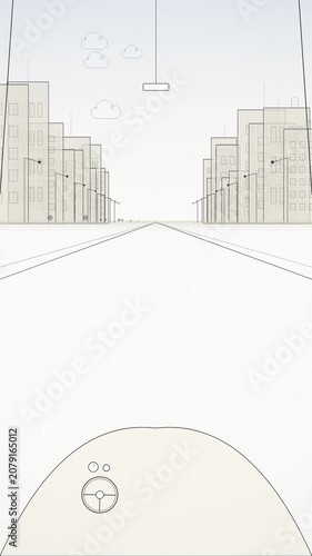 Vertical line art animation of driving inside a car on a empty city street during day