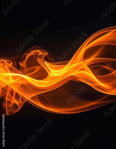 An abstract background features flowing lines of orange and yellow light against a black backdrop.