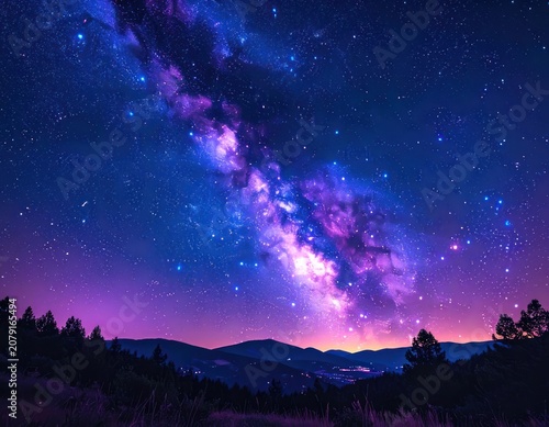 A vibrant and breathtaking view of the Milky Way galaxy arching across a star-filled night sky over a silhouetted mountain range.