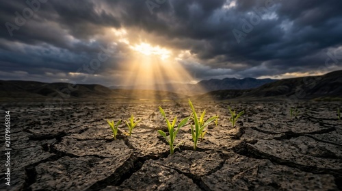 Small green plant growing in dry cracked earth with sun rays