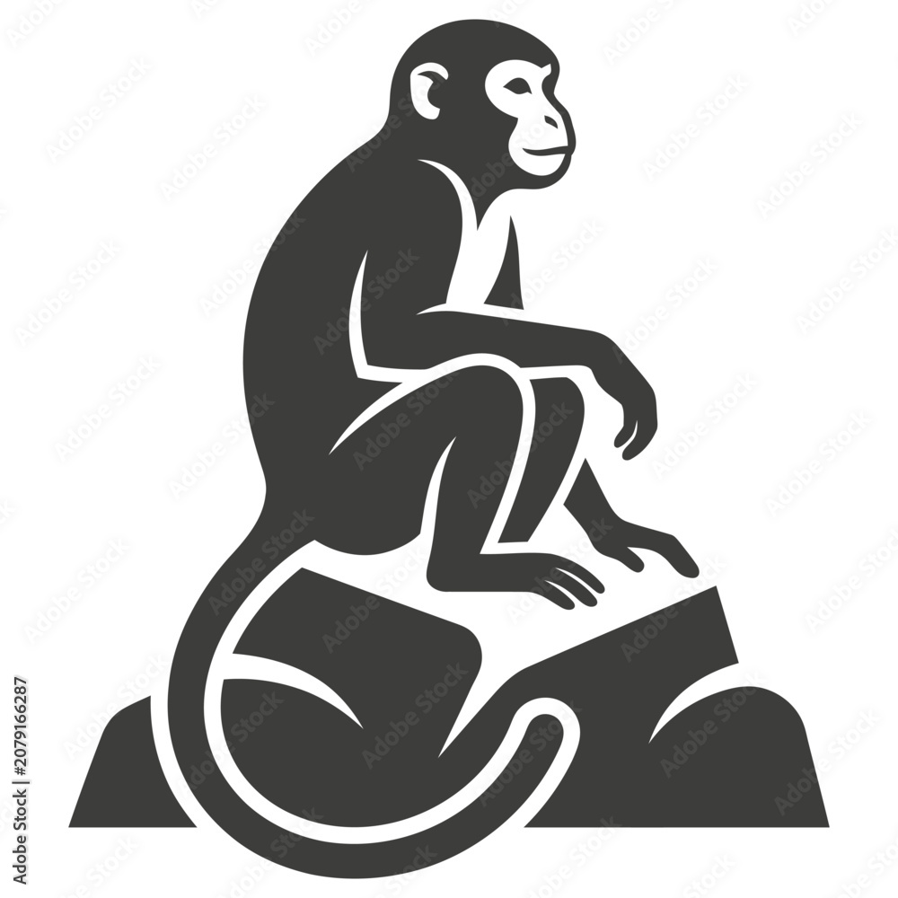 Fototapeta premium Minimalist black and white monkey silhouette sitting calmly on a rock for creative logo design
