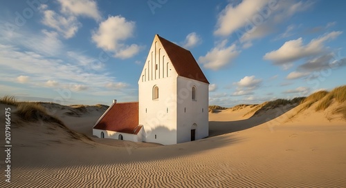 White Coastal Church Standing Among Sandy Dune Landscape Under Blue Sky