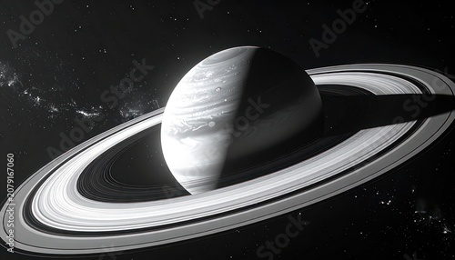 A majestic view of Saturn, adorned with its iconic rings, bathed in the stark contrast of light and shadow against a star-studded black expanse.