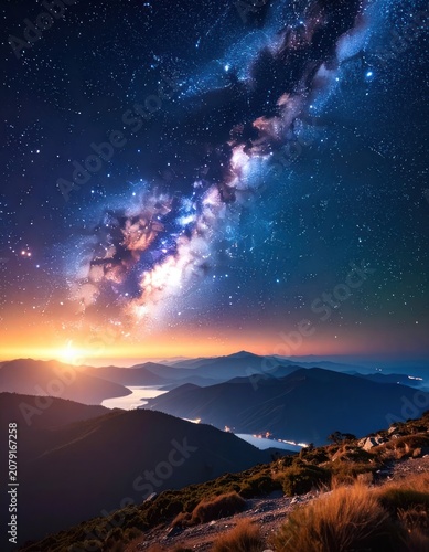 A breathtaking view of the Milky Way arching over a mountain range at twilight with a serene lake below.