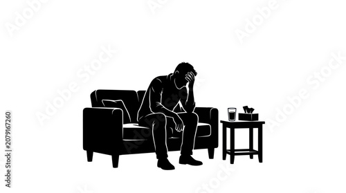 Obraz na płótnie Depressed Man Sitting on Sofa Silhouette Vector Illustration