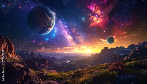 An alien world with a dramatic sky filled with planets and nebulae, overlooking a mountainous landscape dotted with wildflowers.