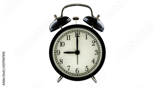 Obraz na plátně Isolated classic black alarm clock showing nine o'clock, vintage metal time devi