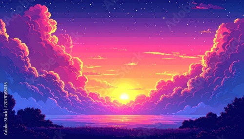 A pixel art depiction of a vibrant sunset over a calm body of water, framed by dramatic clouds and a star-filled sky.