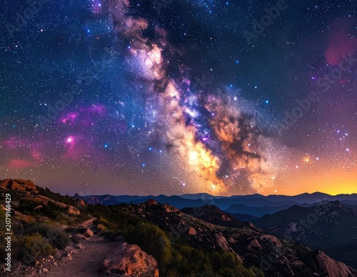 A breathtaking view of the Milky Way galaxy arches over a rugged, mountainous landscape under a star-filled night sky.