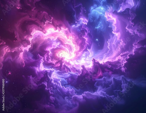 A swirling vortex of vibrant pink and purple cosmic clouds illuminated by a bright, white light at its center.