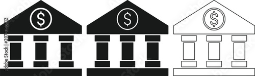 Bank building icons with dollar sign on roof  financial institution symbols