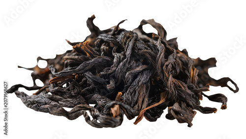 Quadro su tela Isolated pile of dry dark twisted natural Chinese oolong tea leaves ready for br