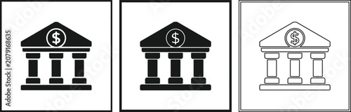 Black and white line icons of bank building with dollar sign on roof in black outline boxes on white background  bank icons  financial symbols