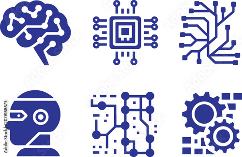 Blue circuit board and robotics technology icons with gears and microchip on white background for business and innovation concepts  futuristic symbol designs