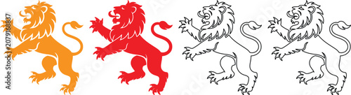 Four different colored lion silhouettes side by side orange red black and gray on white background