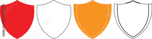 Four shield icons in red orange white and black lines for protection and security concepts on transparent background  simple shapes for design