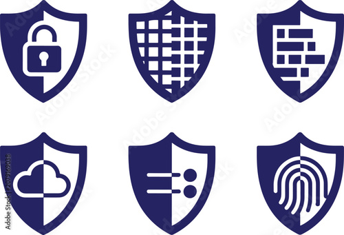Set of blue shield icons with various security symbols like lock cloud fingerprint and grid isolated on white background for cybersecurity concepts