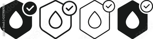 Water drop icons with check marks on shield shapes in black and white  security and protection symbols