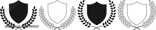 Set of shields and laurel wreaths in black and white for awards and protection symbols