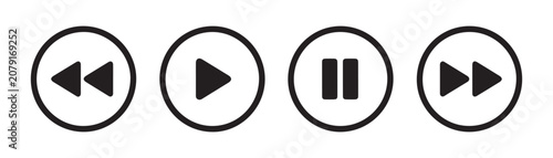 Fotografie Set of black circular multimedia player buttons with rewind play pause and fast forward symbols art