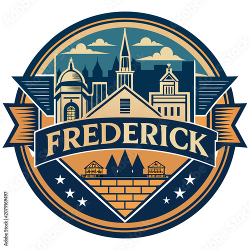Vintage Frederick Maryland City Seal and Travel Emblem, Retro Circle Sticker Design with Historic Clustered Spires Skyline and Carroll Creek Vector Art