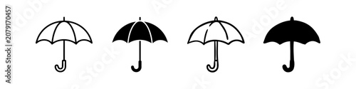 Set of four umbrella icons in outline and solid styles. Ideal for weather, rain, and protection themes in graphic design.