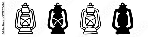 Tableau sur toile Set of four vintage oil lantern icons in line art and silhouette styles on white background